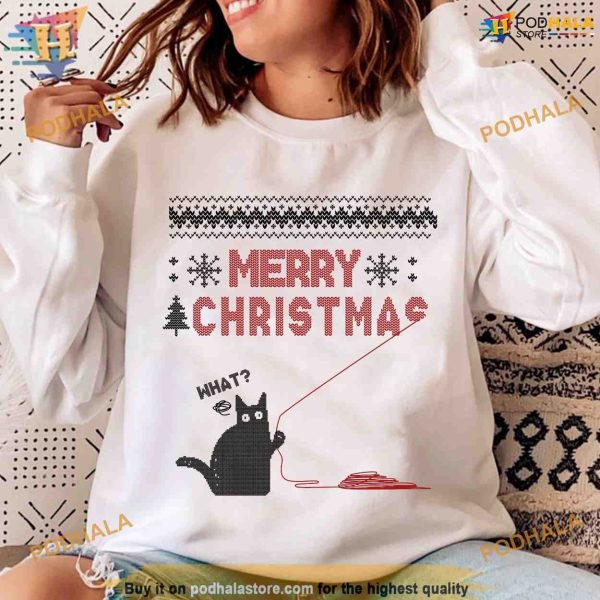 Naughty Black Cat Christmas Shirt, Meowy Ugly Christmas Cheer