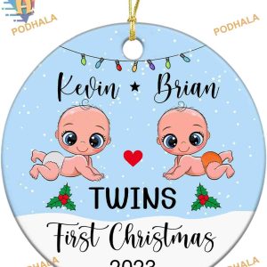 New Babies Christmas Ornament, Personalized Twins 1st Xmas Ceramic Gift