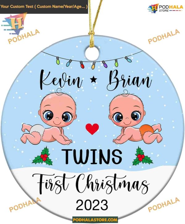 New Babies Christmas Ornament, Personalized Twins 1st Xmas Ceramic Gift