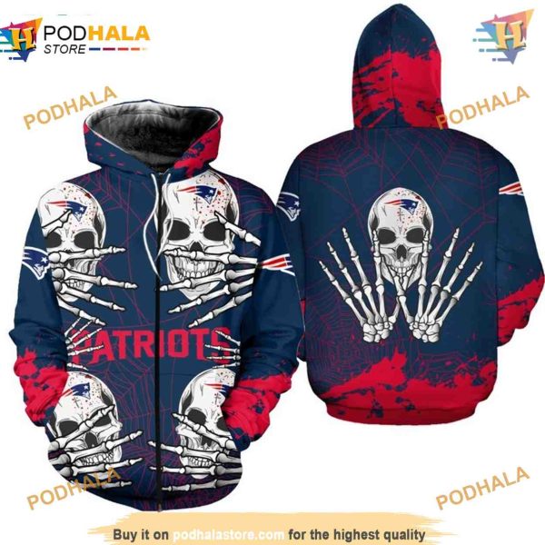 New England Patriots Skull 3D Hoodie, NFL Halloween Apparel