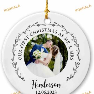 Our First Christmas 2023 Personalized Photo Ornament, Mr & Mrs Ceramic Frame Keepsake