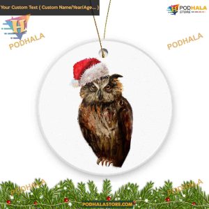 Owl with Christmas Hat - Cute 2023 Holiday Decor, Ceramic Tree Ornament