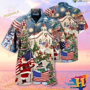 Patriotic American Xmas Hawaiian Wear, Mens Christmas Hawaiian Shirt