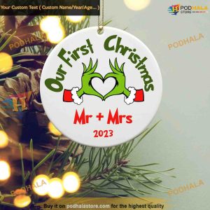 Personalized Couples Grinch Xmas Ornament, Newlyweds Grinch Christmas Tree Decor