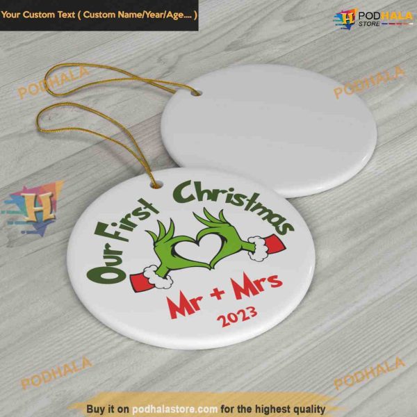 Personalized Couples Grinch Xmas Ornament, Newlyweds Grinch Christmas Tree Decor