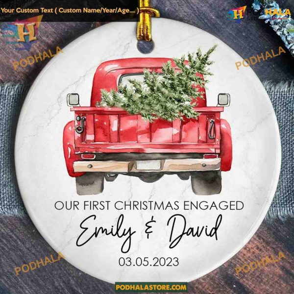 Personalized First Christmas Engaged Ornament 2023, Red Classic Truck, Engagement Gift