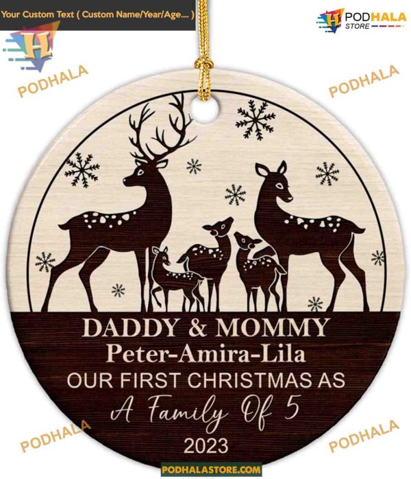 Personalized First Christmas Family of Five Deer Ornament, 2023, Custom Names