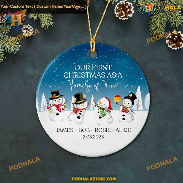 Personalized First Christmas Family of Four Ornament, Snowmans 2023, Custom Names