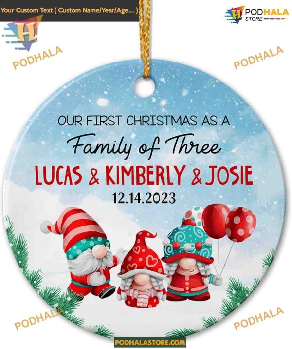 Personalized First Christmas Family of Three Gnomes Ornament, Custom Names 2023