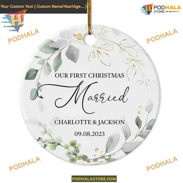 Personalized First Christmas Married Ornament 2023, Custom Name and Day, Newlywed Gift