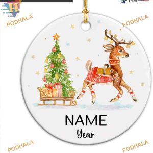 Personalized Reindeer Round Ceramic Ornament, Baby's First Christmas 2023, Custom Name