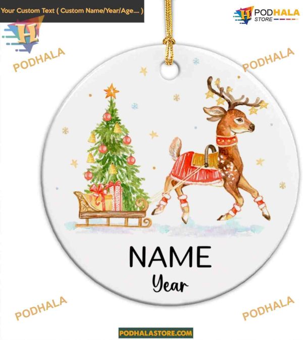 Personalized Reindeer Round Ceramic Ornament, Baby’s First Christmas 2023, Custom Name