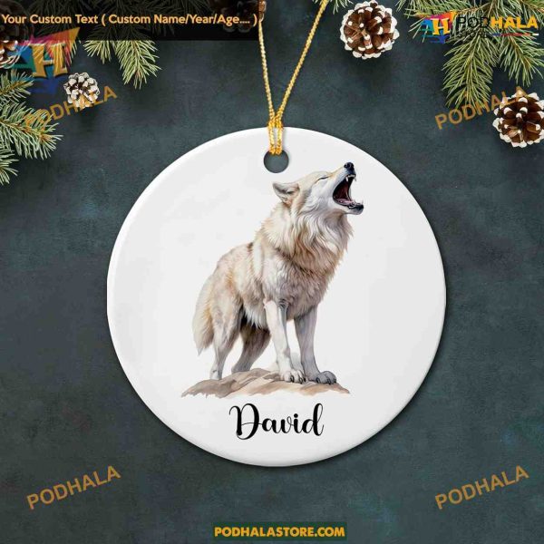 Personalized White Wolf Ceramic Ornament 2023, Unique Gift for Wolf Enthusiasts