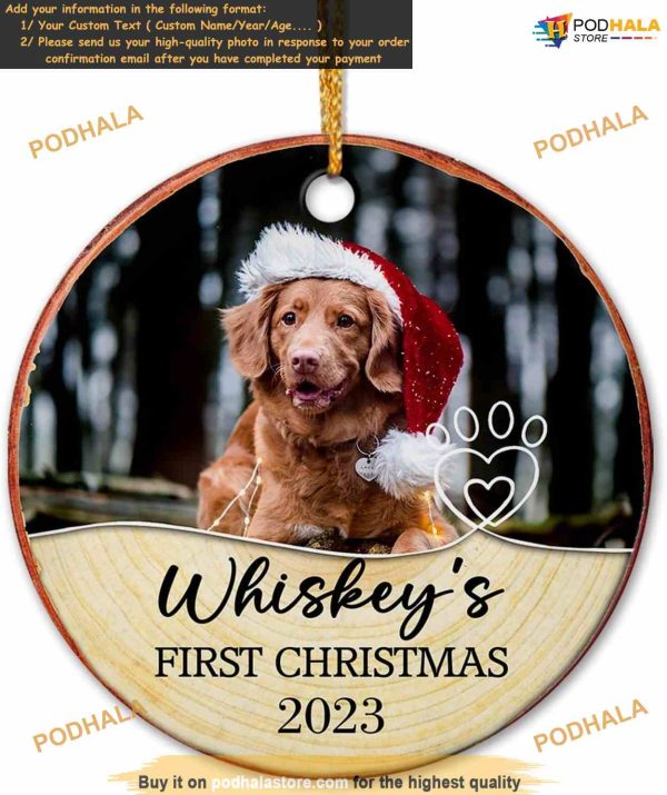 Pet Dog’s First Christmas 2023 Personalized Ceramic Ornament, Custom Photo Cat Keepsake