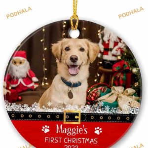 Pet's First Christmas 2023 Personalized Ceramic Ornament, Custom Dog Cat Picture Tree Decor