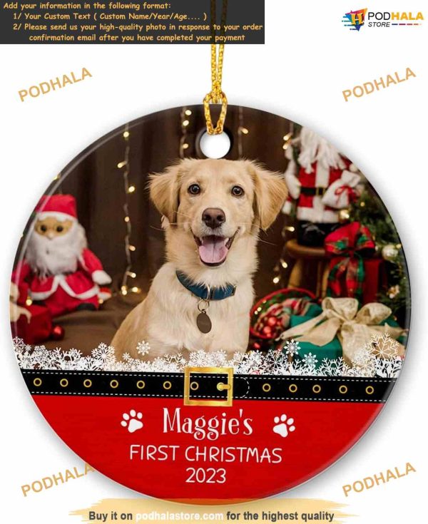 Pet’s First Christmas 2023 Personalized Ceramic Ornament, Custom Dog Cat Picture Tree Decor