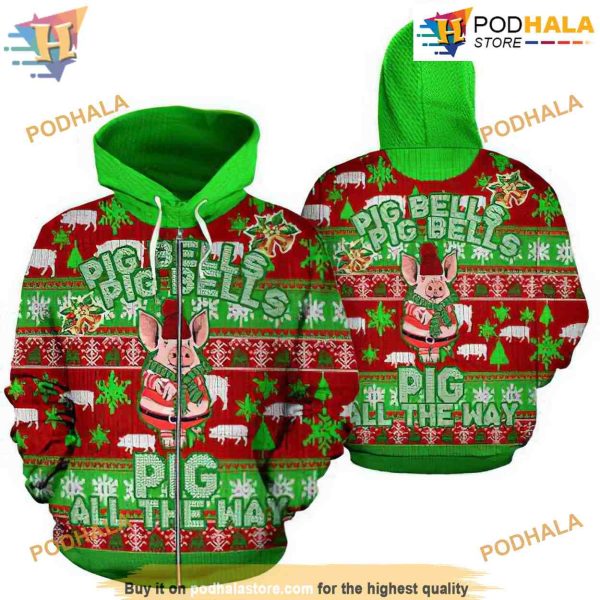 Pig Bells Xmas Pattern Red And Green Unisex 3D Funny Hoodie Christmas