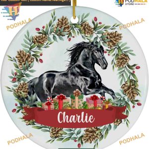 Pinecones & Black Friesian Horse Ornament 2023, Personalized Farm Owner Christmas Gift