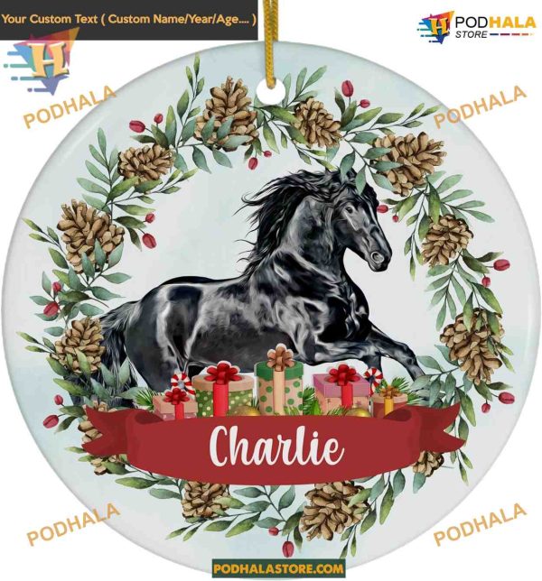 Pinecones & Black Friesian Horse Ornament 2023, Personalized Farm Owner Christmas Gift