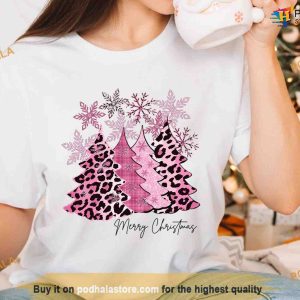 Pink Christmas Tree Leopard Shirt, Family Funny Christmas Shirt