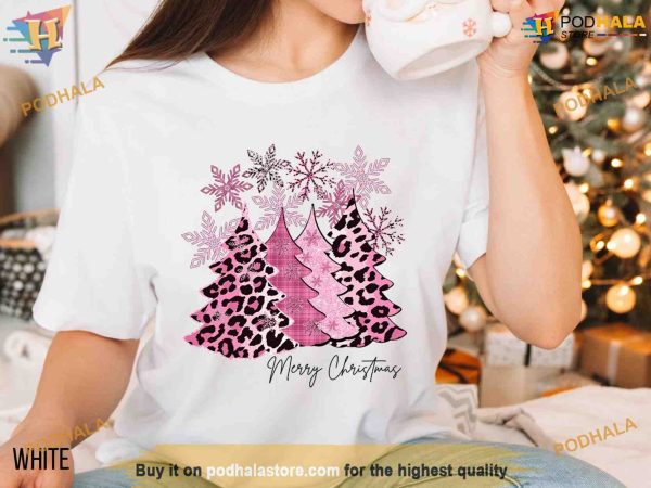 Pink Christmas Tree Leopard Shirt, Family Funny Christmas Shirt