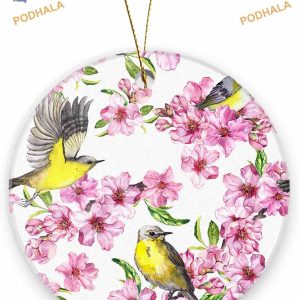 Pink Flowers Bird 2023 Ornament, Family Christmas Tree Decorations