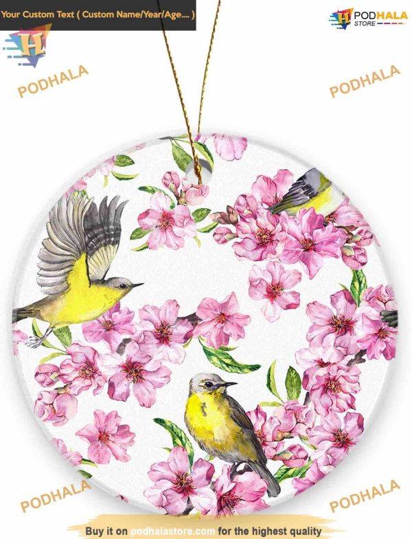 Pink Flowers Bird 2023 Ornament, Family Christmas Tree Decorations
