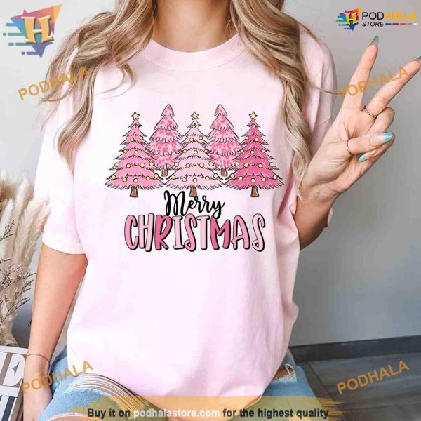 Pink Merry Christmas Tree Sweatshirt, Matching Family Xmas Shirt
