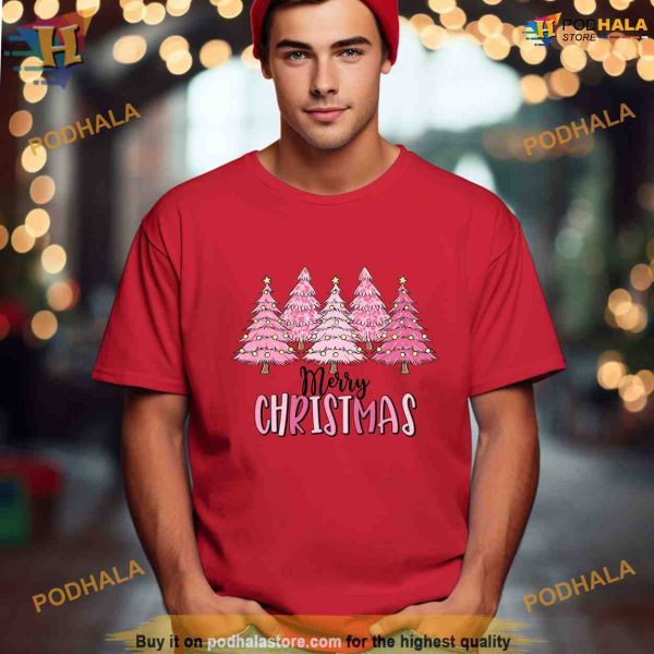 Pink Merry Christmas Tree Sweatshirt, Matching Family Xmas Shirt