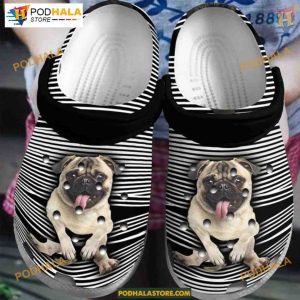 Playful Pug Pattern Dog Lover Crocs, Humorous Dog Paw & Stripe Design