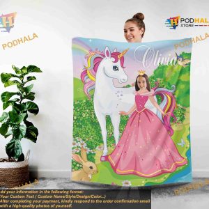 Princess Girls Photo Blanket, Unicorn Custom Face Blankets, Birthday Gift