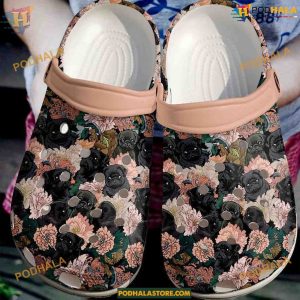 Pug Black Flowers Crocs Elegant Floral Dog Clogs, Classic Style