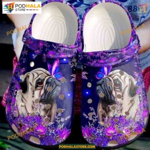 Pug Puppy in Purple Flowers Pet Birthday Crocs, Animal Lover Shoes
