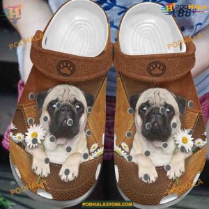 Pug Whites Sole Daisy Crocs, Classic Puppy Crocs Design