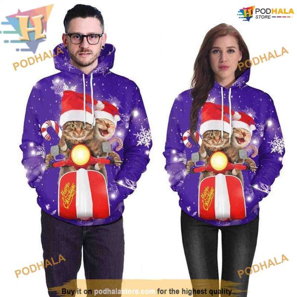Purple 3D Cat Xmas Hoodie, Creative Christmas Gifts