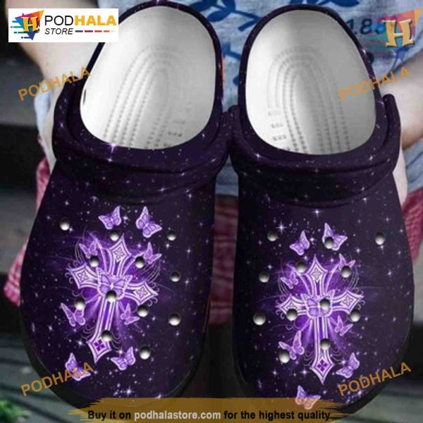 Purple Butterfly Flying Around Cross Crocs, Butterfly Lovers Christmas