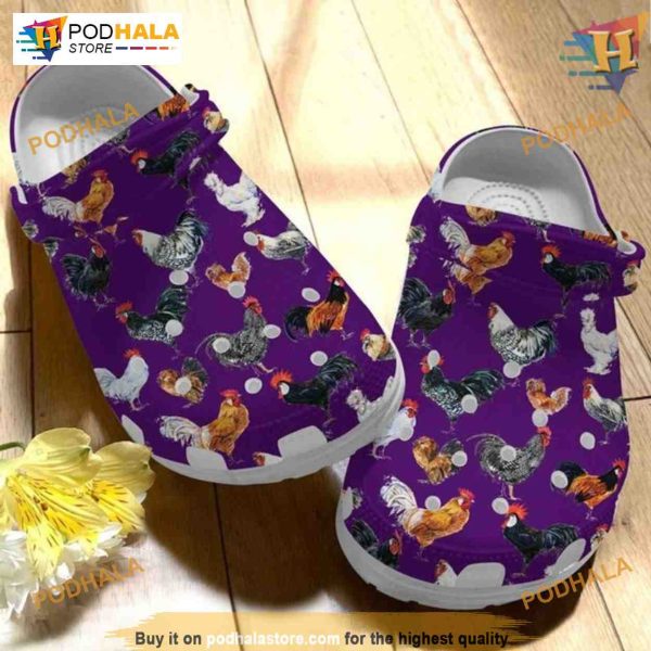 Purple Chicken Pattern Crocs, Farmhouse Rooster Design, Comfortable Wear