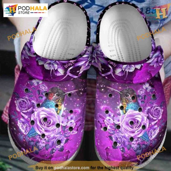 Purple Roses Hummingbird Shoes Crocs, Flower Bird Pattern Christmas Gifts