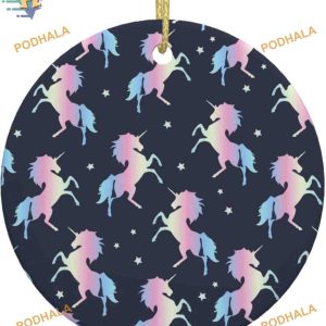 Rainbow Unicorn Christmas Ornament, 2023 Family Tree Decor, Ceramic Round Keepsake