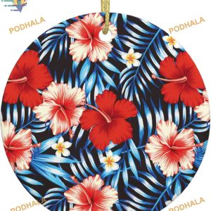 Red Hibiscus Flower Palm Ornament, Family Tree Decoration