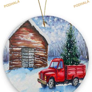 Red Truck Snow Landscape Ornament, Family Christmas Tree Ornaments