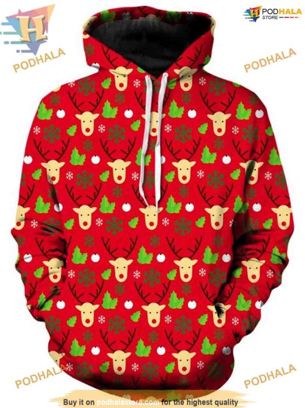 Reindeer Xmas Light 3D Hoodie, Funny Christmas Gift Ideas