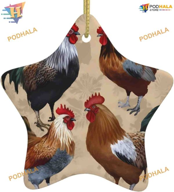 Rooster Chicken Print 2023 Ornament, Family Tree Decoration, Gold Ribbon Decor