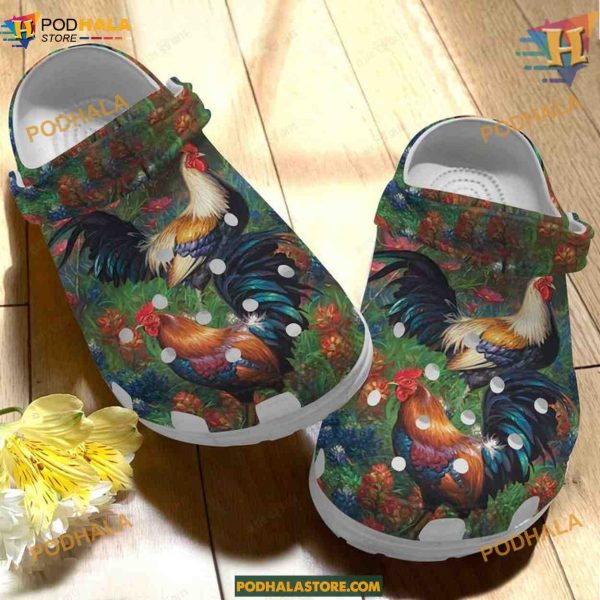 Rooster Farm White Sole Crocs, Classic Chicken Crocs for Farm Lovers