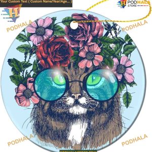 Round 2023 Christmas Ornaments, Double-Sided Ceramic Keepsake with Cat Design