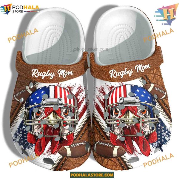 Rugby Chicken America Flag Croc Shoes, Patriotic Funny Crocs for Sports Fans