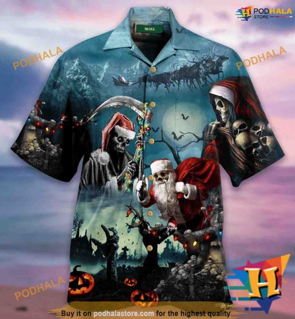 Santa Claus Skull Xmas Aloha Shirt, Mens Christmas Hawaiian Shirt
