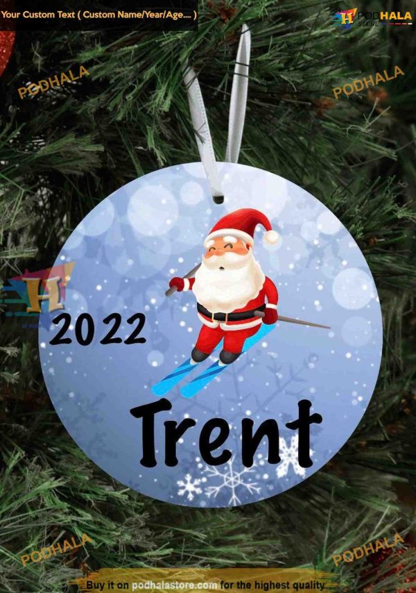Santa Skiing Custom Ornament, Personalized 1st Christmas Keepsake