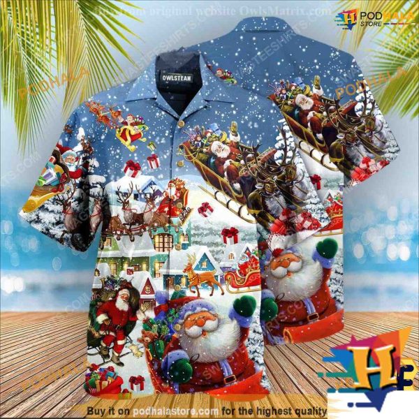 Santa’s Sleigh & Reindeer Hawaiian Shirt, Christmas Apparel