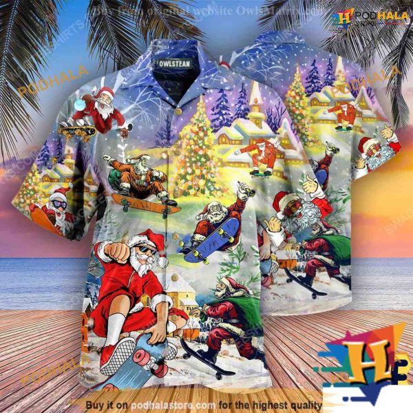 Skateboarding Santa Tropical Shirt, Mens Christmas Hawaiian
